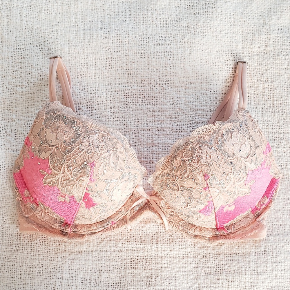 VS pink lace and rhinestone push up bra